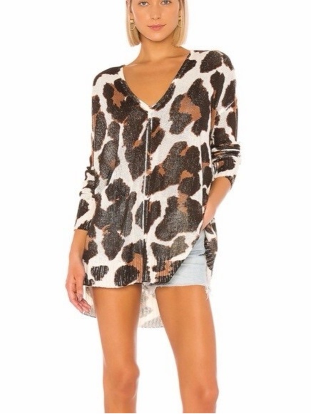 Show Me Your MuMu Leopard Print V-Neck Swim Coverup in Brown, Black, White
